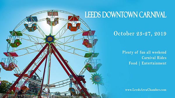 Leeds Fall Carnival is coming! Bring your kids downtown Leeds across from Lehigh and Windstream to enjoy carnival festivities October 23-27, 2019.
