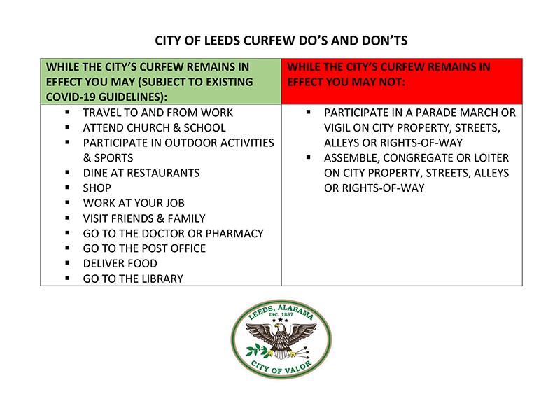 city of Leeds curfew dos and donts leeds alabama
