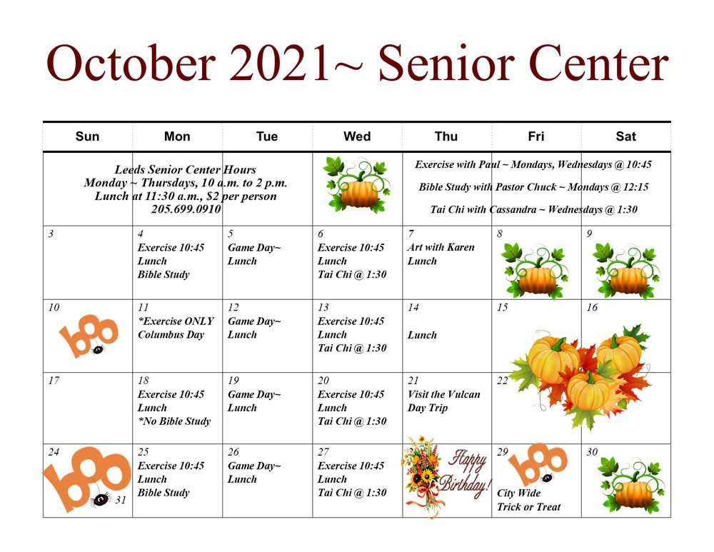 Leeds Senior Citizens Program October 2021 Calendar - Leeds, Alabama
