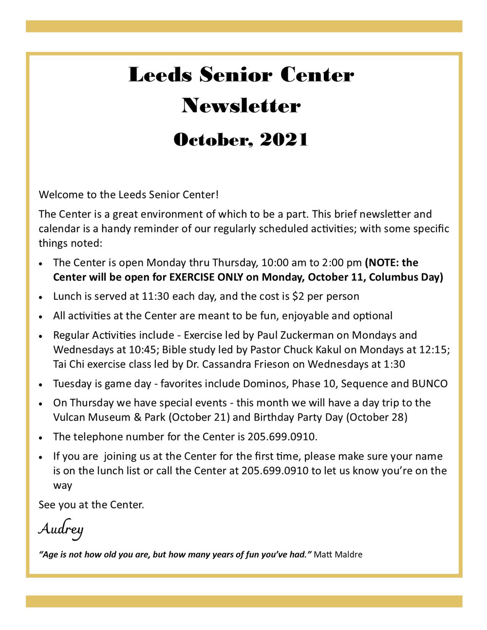 Leeds Senior Citizens Program October 2021 Newsletter - Leeds, Alabama