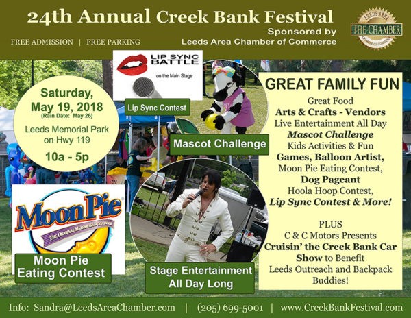 Gear Up for Creek Bank Festival this Saturday, May 19, 2018 (raindate:  May 26) at Leeds Memorial Park.  This is the 24th year of Leeds Creek Bank Festival and you will not want to miss the fun.  You can download your festival entertainment guide at www.CreekBankFestival.com.