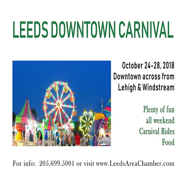 Bring your kids downtown Leeds across from Lehigh and Windstream to enjoy Leeds Downtown Carnival festivities October 24-28, 2018.