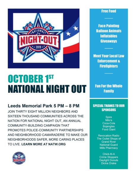 Leeds Police and Fire Departments will host Leeds National Night Out 2019 on Tuesday, October 1.  Meet up at Leeds Memorial Park from 5:00 p.m. to 8:00 p.m