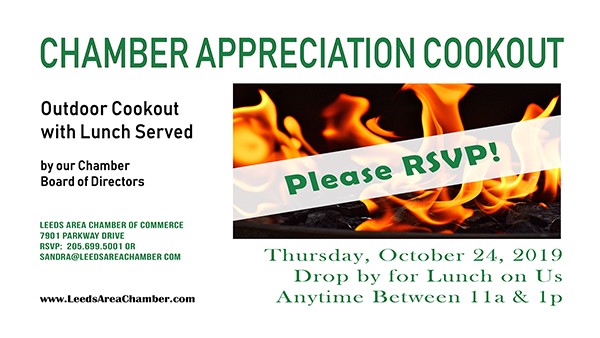 Chamber of Commerce Member Appreciation Cookout - Thursday, October 24 from 11a-1p | Leeds Area Chamber of Commerce would like to show our appreciation