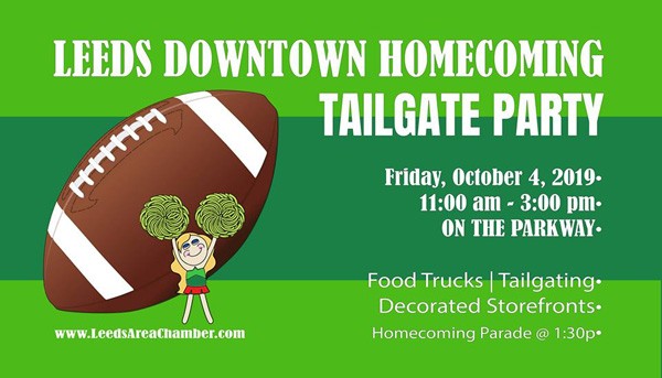 Leeds Homecoming Tailgate - Join everyone downtown for the Leeds High School Homecoming Parade this Friday, Oct. 4th at 1:30! Downtown businesses are