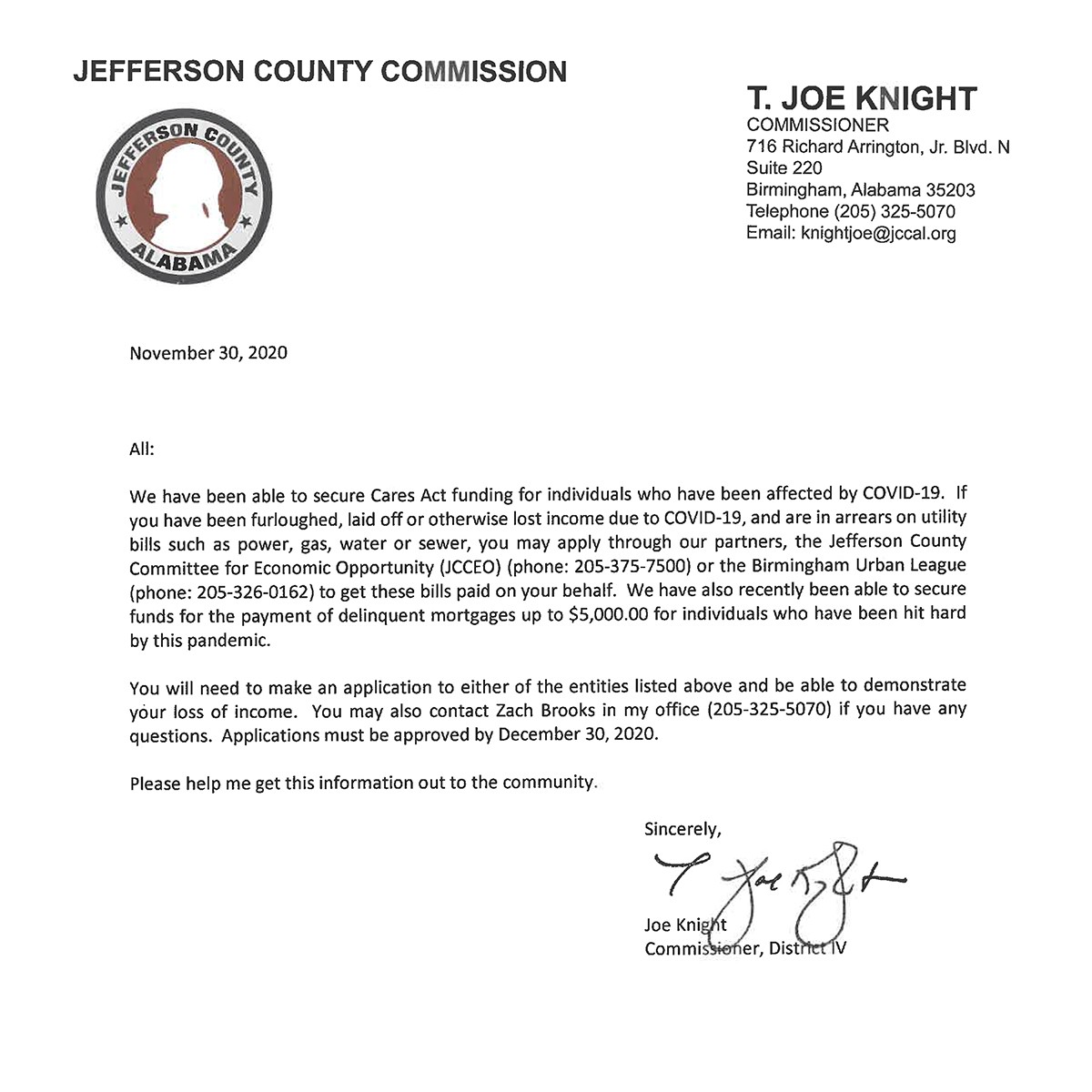 Cares Act Utility Assistance Letter from T. Joe Knight, Jefferson County Commission, on how to apply for assistance with your utility bills