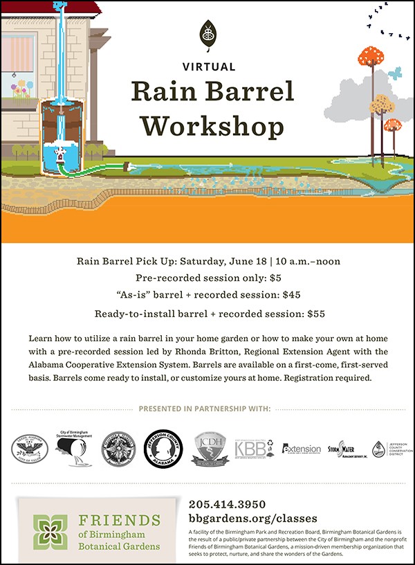 Register now for the Virtual Rain Barrel Workshop.  Please see information on flyer. Rain Barrel Pick Up: Saturday, June 18 | 10 a.m.–noon