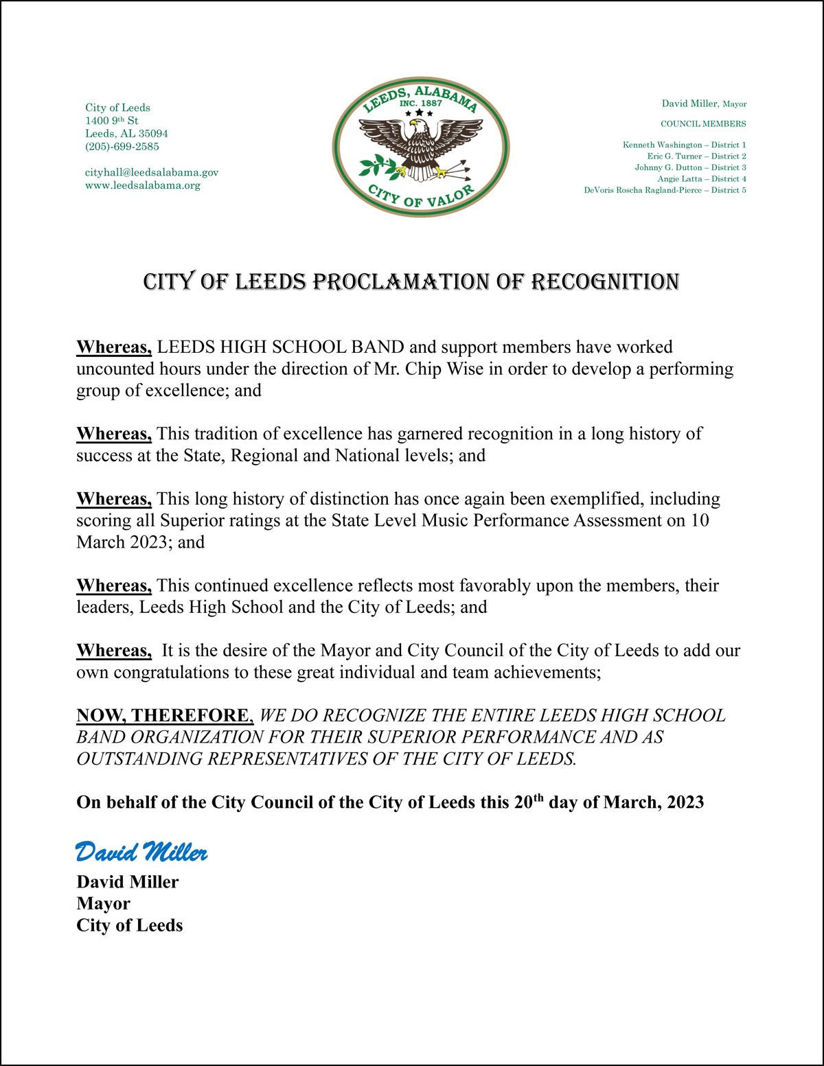 Mayor David Miller presented Leeds High School Band Director, Chip Wise, with a City of Leeds Proclamation of Recognition this week at the Council Meeting in congratulations to Wise and entire LHS Band for their outstanding performance.  Wise spoke a few words after the presentation including information about their Spring Band Concert scheduled for May 4.