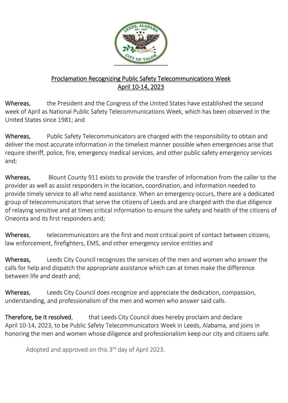 6-a1 Proclamation Recognizing Public Safety Telecommunications Week 2023