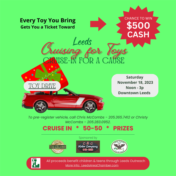 Bring Toys for a Chance to Win $500 at Leeds Cruising for Toys Charity Cruise-In, a cruise-in for a cause, on Saturday, November 18 Noon-3pm