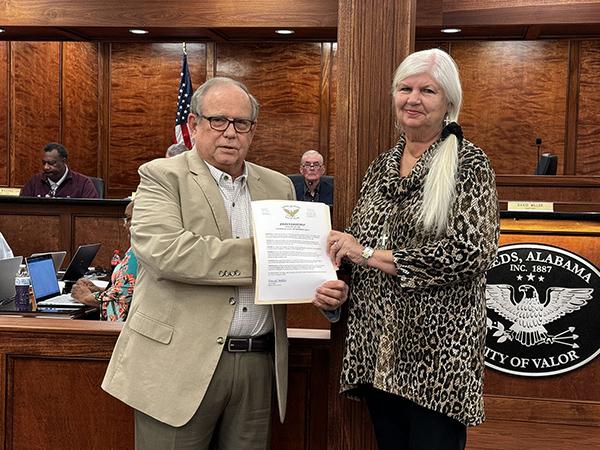 Leeds Mayor David Miller Presents Proclamation for Leap of Kindness Day 2024 on behalf of City of Leeds, Alabama to Leeds Area Chamber of Commerce